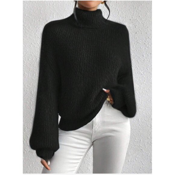 By Design Sweaters - LAST ONE 🔥 Black Fuzzy Turtleneck Drop Shoulder Sweater Pullover